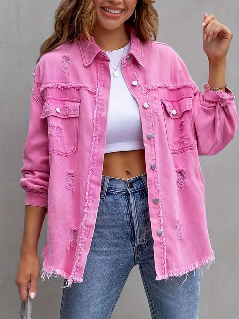 Ripped Raw Edge Distressed Collar Single-Breasted Button-Up Long Sleeve Denim Jacket