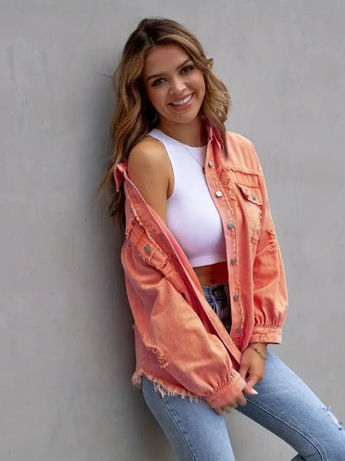 Ripped Raw Edge Distressed Collar Single-Breasted Button-Up Long Sleeve Denim Jacket