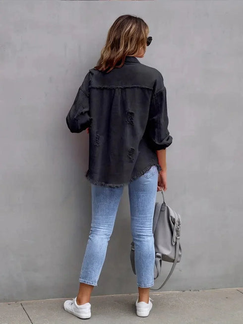 Ripped Raw Edge Distressed Collar Single-Breasted Button-Up Long Sleeve Denim Jacket