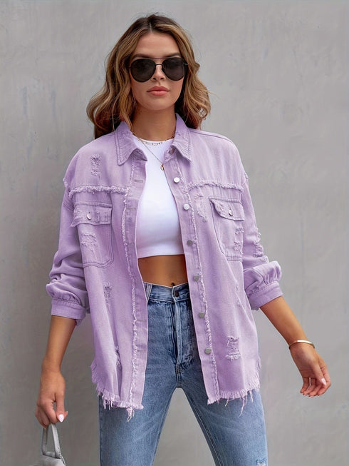 Ripped Raw Edge Distressed Collar Single-Breasted Button-Up Long Sleeve Denim Jacket