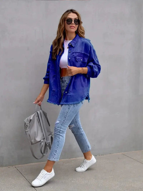 Ripped Raw Edge Distressed Collar Single-Breasted Button-Up Long Sleeve Denim Jacket