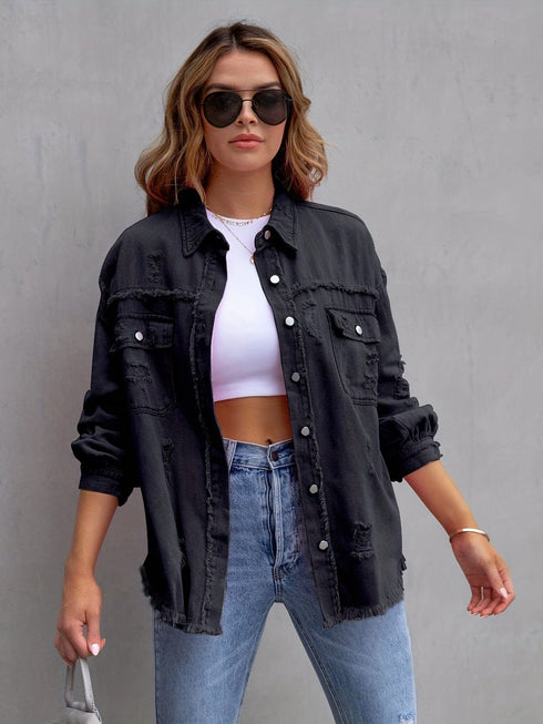 Ripped Raw Edge Distressed Collar Single-Breasted Button-Up Long Sleeve Denim Jacket
