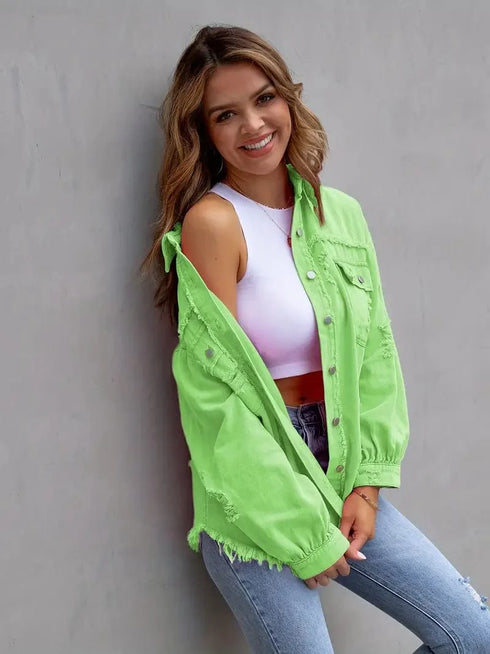 Ripped Raw Edge Distressed Collar Single-Breasted Button-Up Long Sleeve Denim Jacket