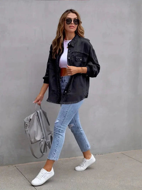 Ripped Raw Edge Distressed Collar Single-Breasted Button-Up Long Sleeve Denim Jacket