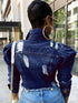 Ripped Raw Hem Puff Sleeve Pocket Cropped Denim Jacket