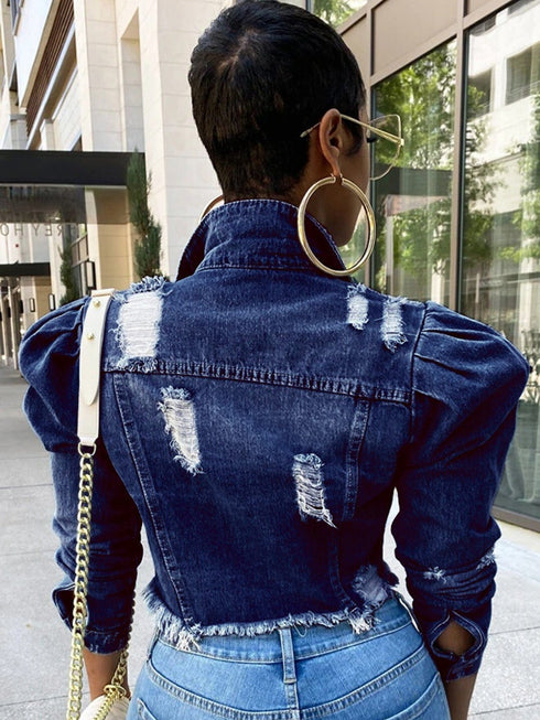 Ripped Raw Hem Puff Sleeve Pocket Cropped Denim Jacket