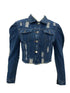 Ripped Raw Hem Puff Sleeve Pocket Cropped Denim Jacket