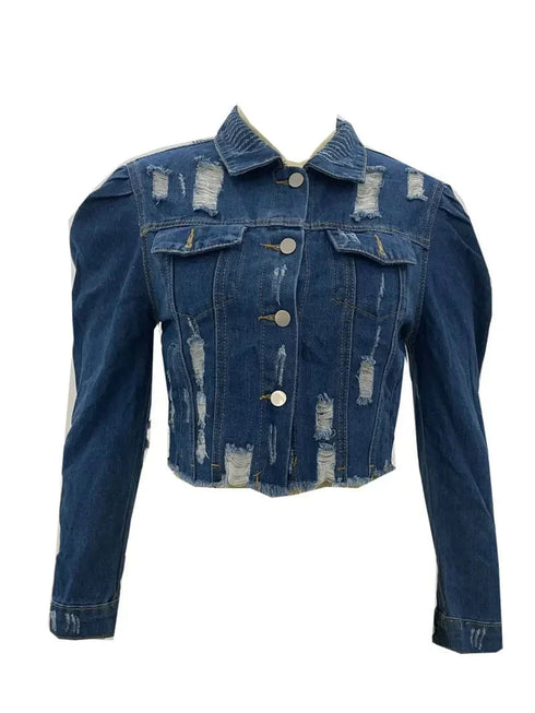 Ripped Raw Hem Puff Sleeve Pocket Cropped Denim Jacket