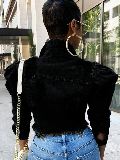Ripped Raw Hem Puff Sleeve Pocket Cropped Denim Jacket