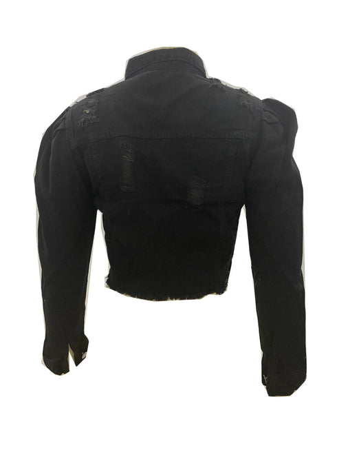 Ripped Raw Hem Puff Sleeve Pocket Cropped Denim Jacket
