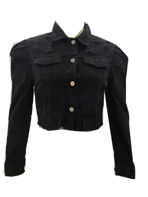 Ripped Raw Hem Puff Sleeve Pocket Cropped Denim Jacket
