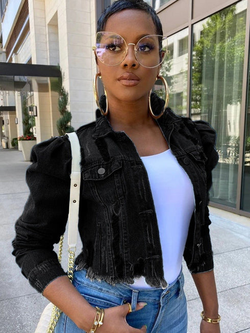 Ripped Raw Hem Puff Sleeve Pocket Cropped Denim Jacket