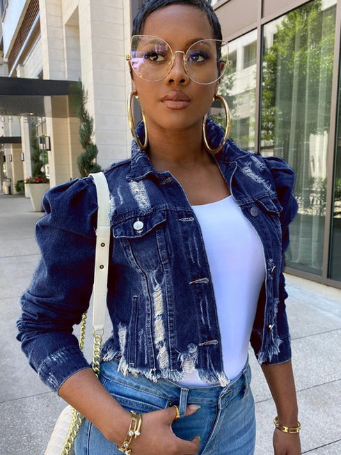 Ripped Raw Hem Puff Sleeve Pocket Cropped Denim Jacket