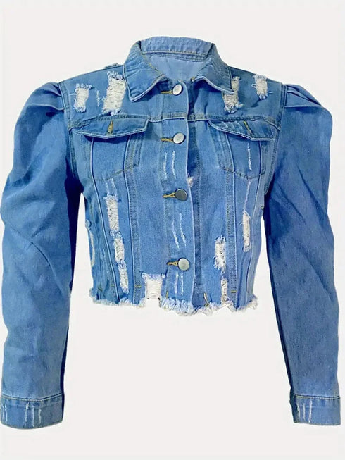 Ripped Raw Hem Puff Sleeve Pocket Cropped Denim Jacket