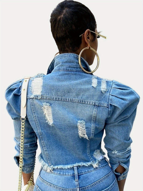 Ripped Raw Hem Puff Sleeve Pocket Cropped Denim Jacket