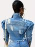 Ripped Raw Hem Puff Sleeve Pocket Cropped Denim Jacket