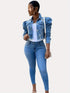 Ripped Raw Hem Puff Sleeve Pocket Cropped Denim Jacket