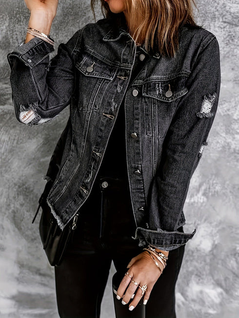 Ripped Single-Breasted Flap Pockets Raw Hem Long Sleeve Denim Coat