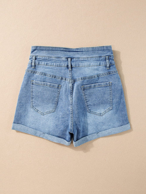 Roll Edge Dusk Blue High Rise Denim Shorts with Button Fly