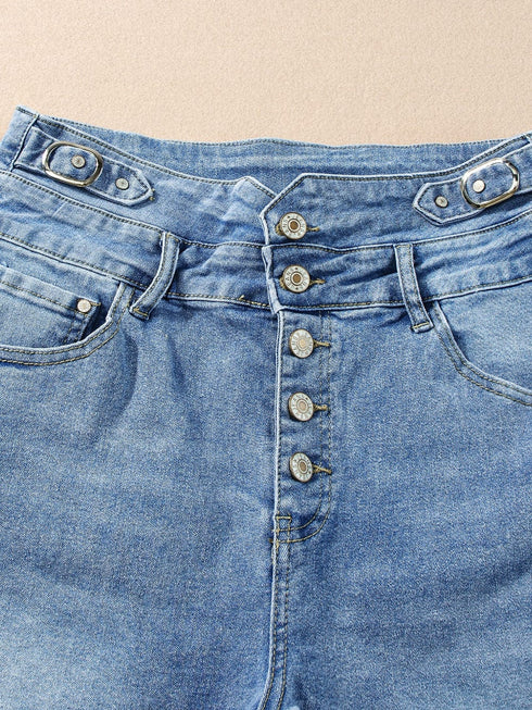 Roll Edge Dusk Blue High Rise Denim Shorts with Button Fly