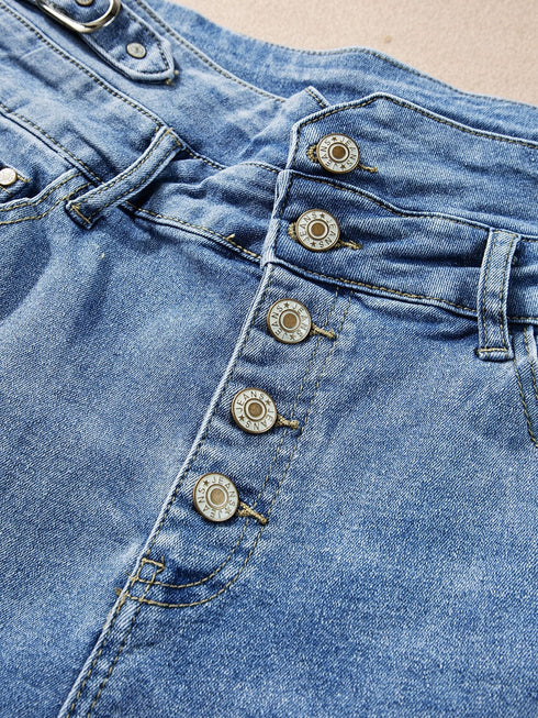 Roll Edge Dusk Blue High Rise Denim Shorts with Button Fly
