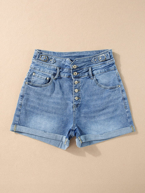Roll Edge Dusk Blue High Rise Denim Shorts with Button Fly