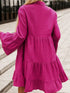 Rose Crinkled Tiered Split Neck Shirt Dress - Elegant Pink Cotton & Linen Mini Dress