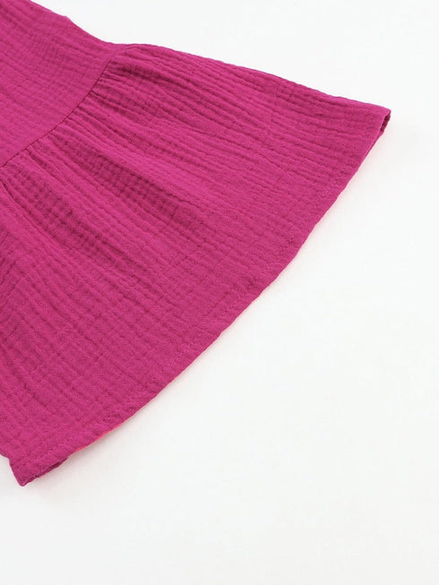 Rose Crinkled Tiered Split Neck Shirt Dress - Elegant Pink Cotton & Linen Mini Dress