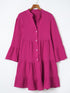 Rose Crinkled Tiered Split Neck Shirt Dress - Elegant Pink Cotton & Linen Mini Dress