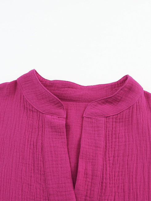 Rose Crinkled Tiered Split Neck Shirt Dress - Elegant Pink Cotton & Linen Mini Dress