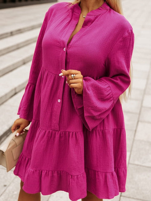 Rose Crinkled Tiered Split Neck Shirt Dress - Elegant Pink Cotton & Linen Mini Dress