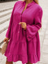Rose Crinkled Tiered Split Neck Shirt Dress - Elegant Pink Cotton & Linen Mini Dress