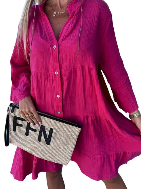 Rose Crinkled Tiered Split Neck Shirt Dress - Elegant Pink Cotton & Linen Mini Dress