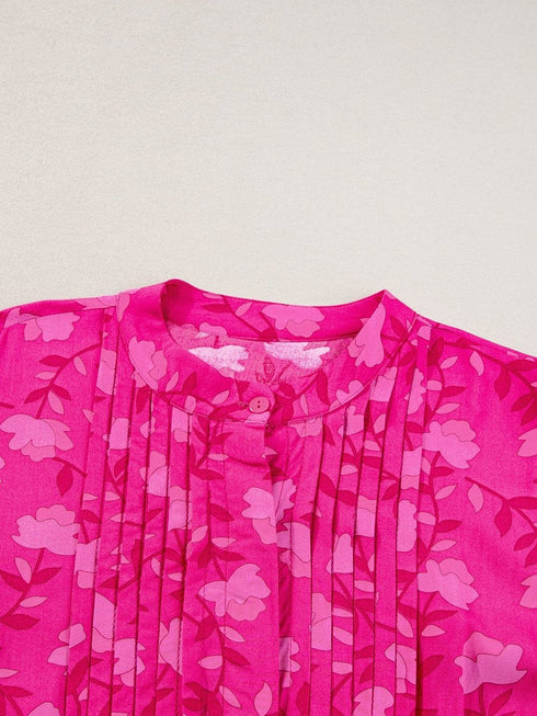 Rose Red Floral Pleated Drawstring Midi Dress with Puff Sleeves