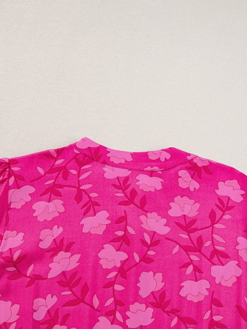 Rose Red Floral Pleated Drawstring Midi Dress with Puff Sleeves