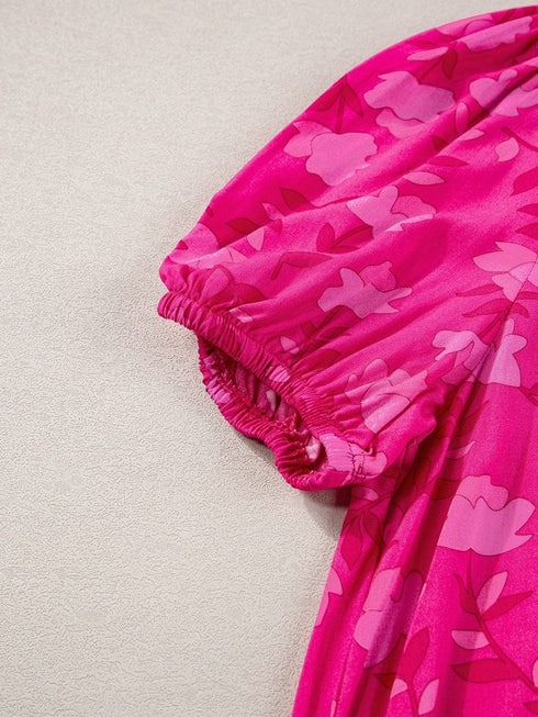 Rose Red Floral Pleated Drawstring Midi Dress with Puff Sleeves