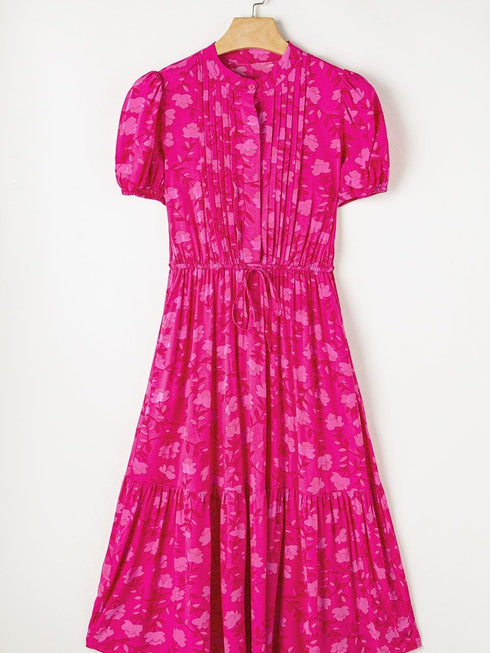 Rose Red Floral Pleated Drawstring Midi Dress with Puff Sleeves
