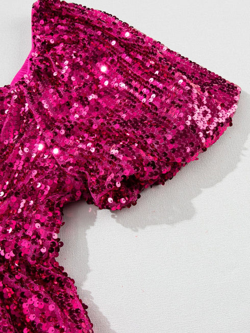 Rose Red Sequin Babydoll Romper with Puff Sleeves