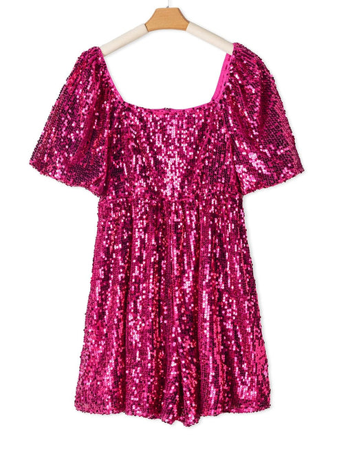 Rose Red Sequin Babydoll Romper with Puff Sleeves