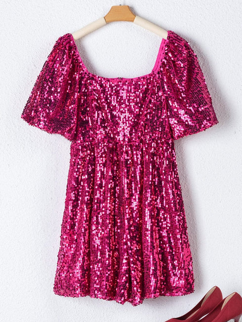 Rose Red Sequin Babydoll Romper with Puff Sleeves