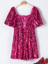 Rose Red Sequin Babydoll Romper with Puff Sleeves