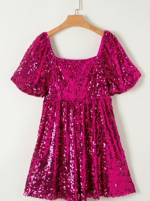 Rose Red Sequin Babydoll Romper with Puff Sleeves
