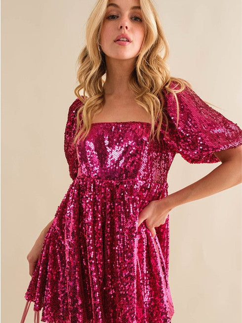 Rose Red Sequin Babydoll Romper with Puff Sleeves
