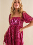 Rose Red Sequin Babydoll Romper with Puff Sleeves