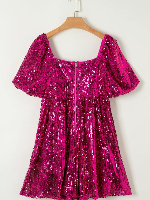 Rose Red Sequin Babydoll Romper with Puff Sleeves