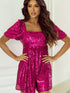 Rose Red Sequin Babydoll Romper with Puff Sleeves
