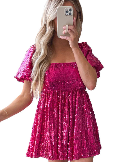 Rose Red Sequin Babydoll Romper with Puff Sleeves