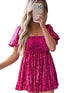 Rose Red Sequin Babydoll Romper with Puff Sleeves