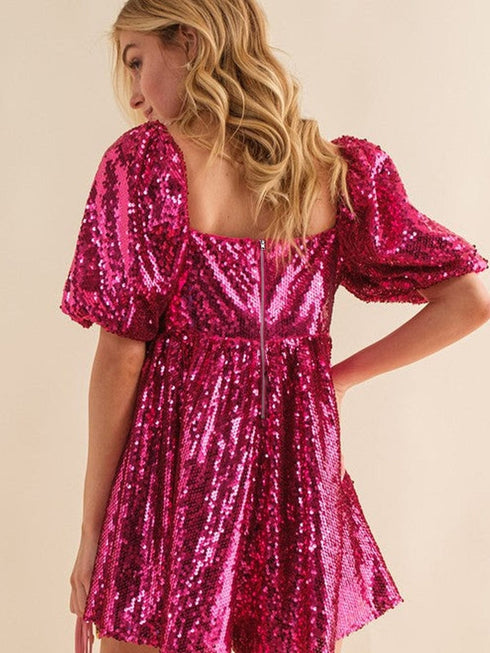 Rose Red Sequin Babydoll Romper with Puff Sleeves