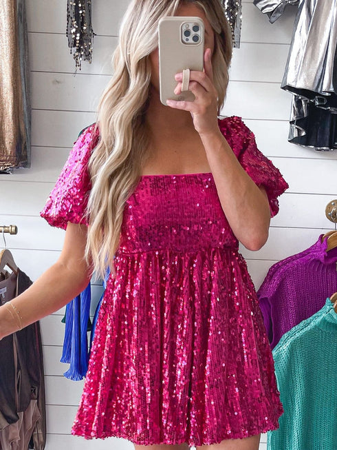 Rose Red Sequin Babydoll Romper with Puff Sleeves